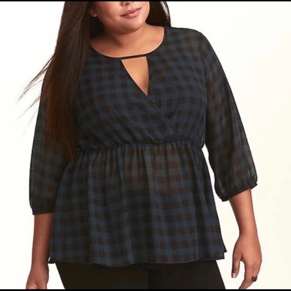 Torrid | Green Black Gingham Chiffon Peplum Blouse 2X